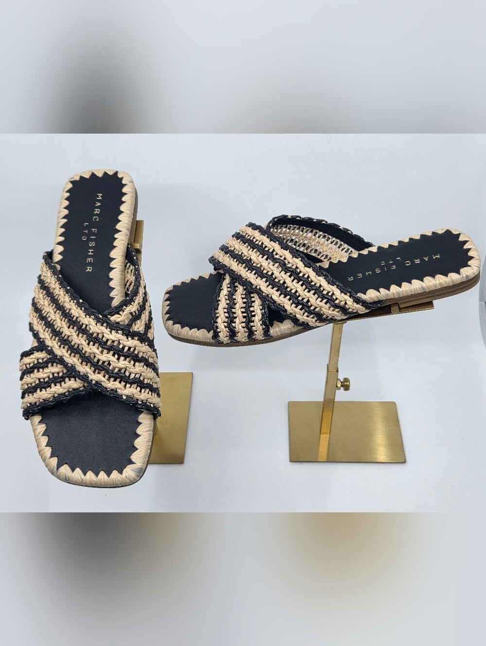 Marc Fisher Black and Natural Woven Slide Sandals